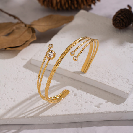 Bracelet manchette 1 pièce en acier inoxydable étanche couleur or avec zircon