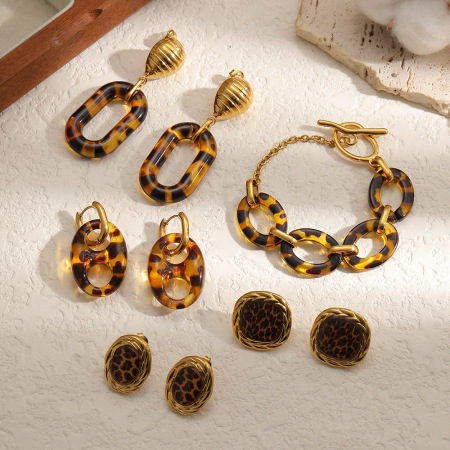 Boucles d'oreilles pendantes ovales en acier inoxydable doré, motif léopard, pour femme (1 paire). 2