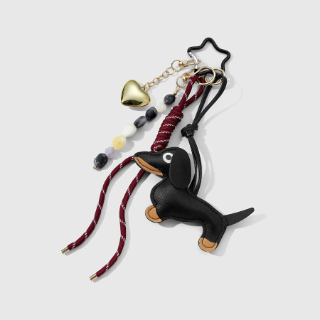 Porte-clés en cuir pour femme, motif teckel rétro 2