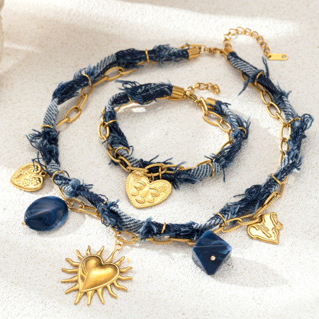 Ensemble de colliers pour femmes, 1 pièce, motif cœur simple, en denim, acier inoxydable, couleur or, étanche 2