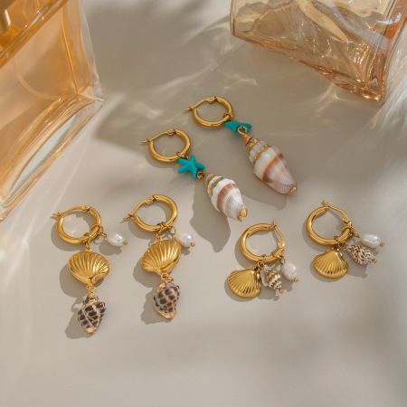 Boucles d'oreilles pendantes pour femme, coquillage, étoile de mer, acier inoxydable, imperméables, perles