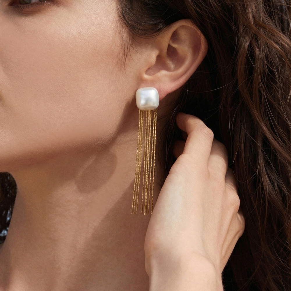 Boucles D'Oreilles Pendantes Élégantes À Pompon En Acier Inoxydable, Imperméables Et Anti-Ternissement, Couleur Or, Pour Femmes h5Image4