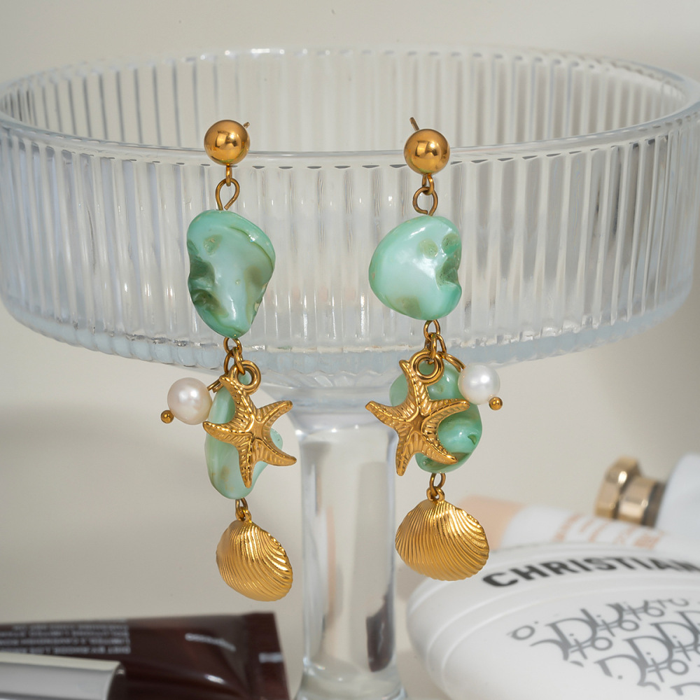 Boucles D'Oreilles Pour Femme En Acier Inoxydable Imperméable, Ornées De Perles, Motif Coquillage Et Étoile De Mer Image2