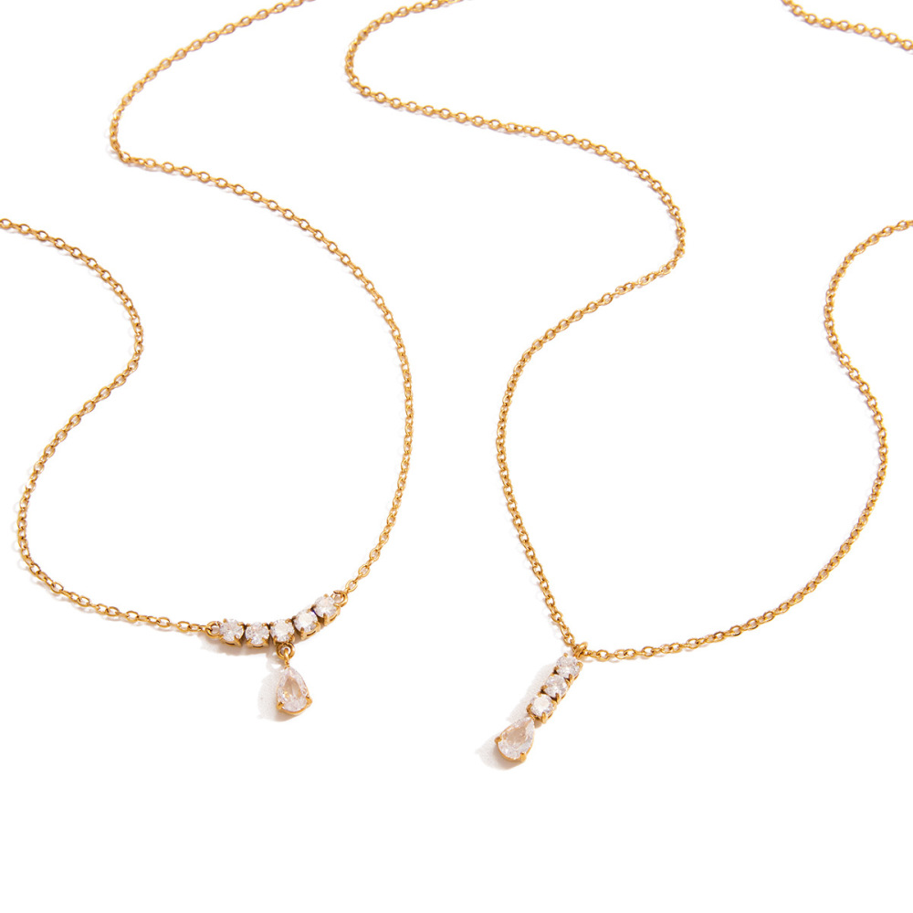 Collier Pendentif Femme En Acier Inoxydable, Couleur Or, Orné D'Un Zircon En Forme De Goutte Brillante (1 Pièce) h5Image7