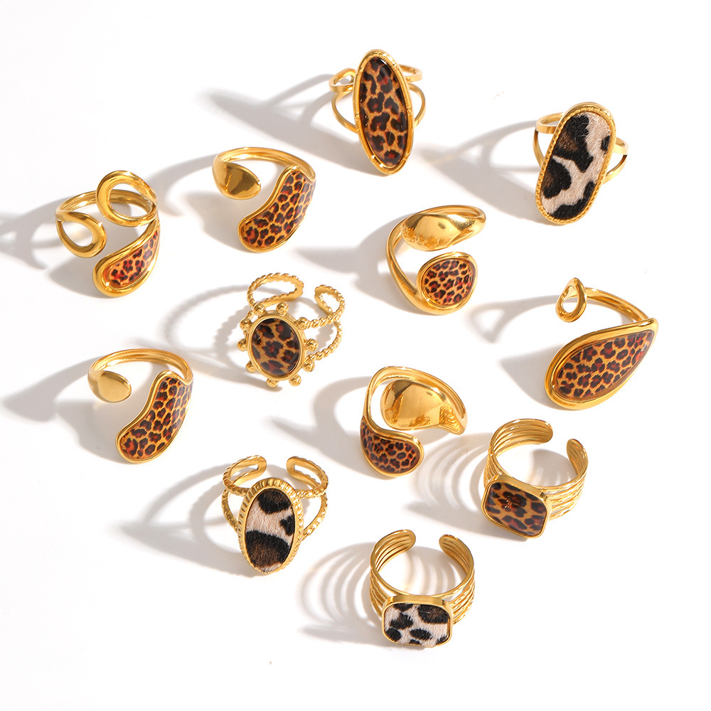 Bague Tendance En Acier Inoxydable Doré, Imprimé Léopard, Étanche (1 Pièce) Image5