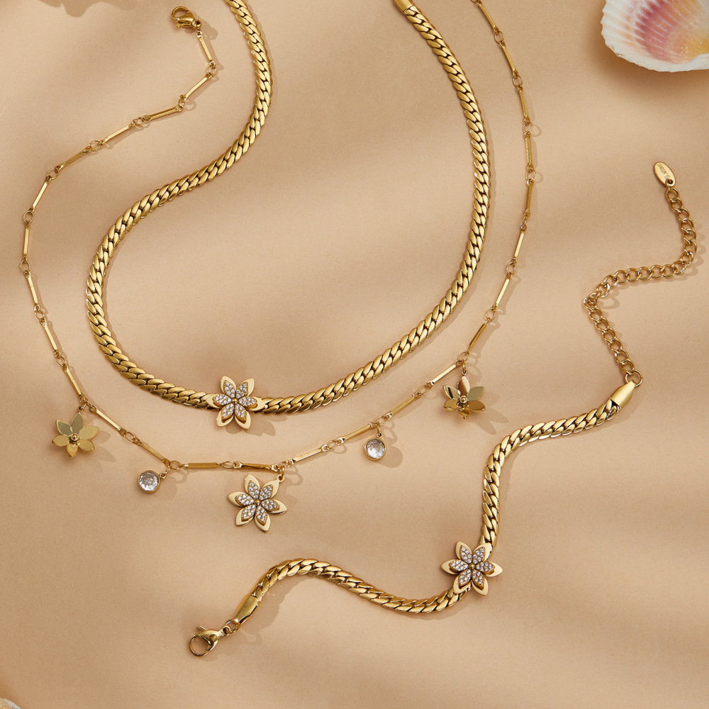 Colliers Pendentifs Pour Femmes En Acier Inoxydable Doré, Imperméables Et Anti-Ternissement, Ornés De Zircon, Motif Fleur Brillante Image2