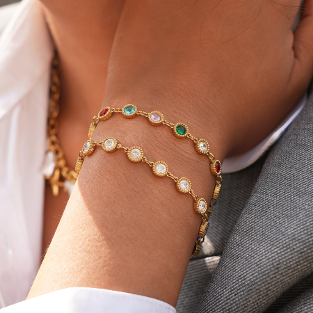 Bracelet pour femme en acier inoxydable doré, étanche et anti-ternissement, orné de zircons colorés (1 pièce). 2