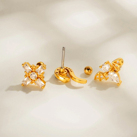 Boucles d'oreilles piercing femme moderne en forme de croix serpent couleur cuivre doré zircon 2