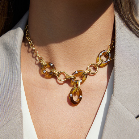 Collier Classique Ovale En Résine, Acier Inoxydable, Couleur Or, Pour Femme (1 Pièce) 2