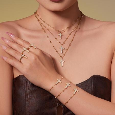 Ensemble de bijoux pour femmes en acier inoxydable avec chaîne croix brillante, imperméable et anti-ternissement, couleur or, zircon.
