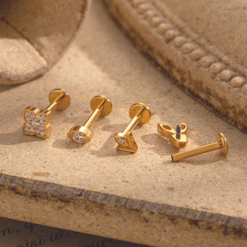 Boucles D'Oreilles Piercing Femme En Alliage De Titane Doré Avec Zircon, En Forme De Lettre Image3