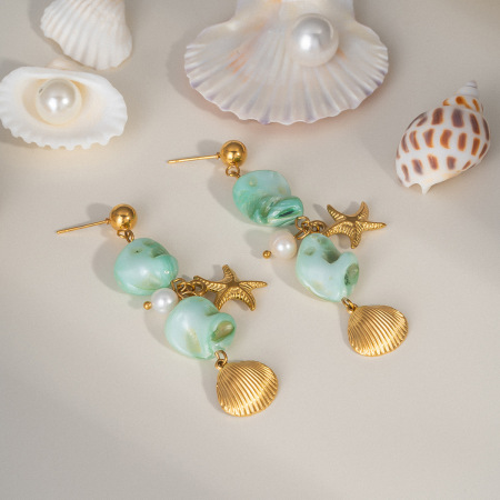 Boucles d'oreilles pour femme en acier inoxydable imperméable, ornées de perles, motif coquillage et étoile de mer