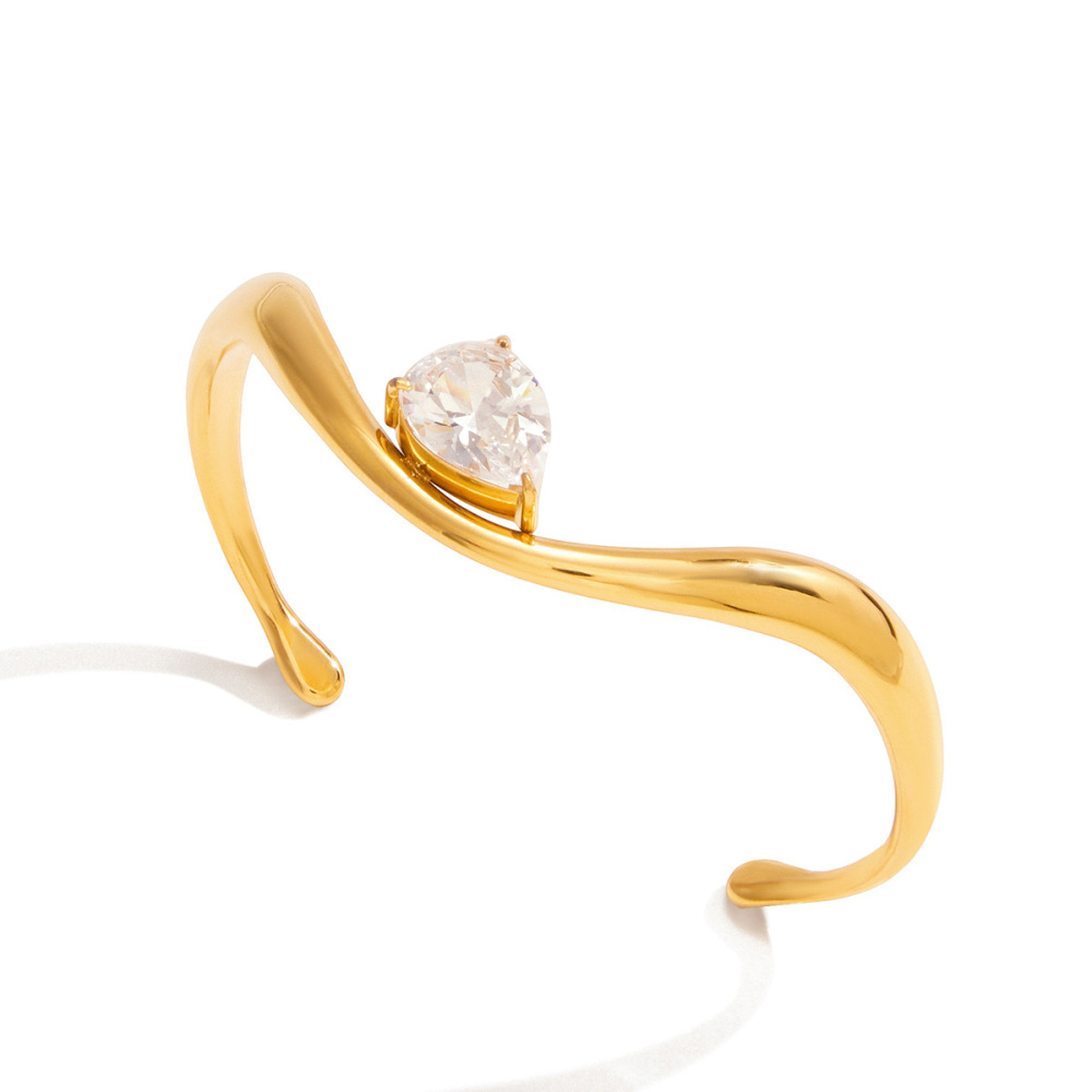 Bracelet Manchette Élégant Et Incurvé En Acier Inoxydable, Étanche, Couleur Or, Avec Zircon, Pour Femme (1 Pièce). 