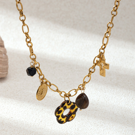 Collier pendentif femme en acier inoxydable doré, imprimé léopard et fleur (1 pièce)