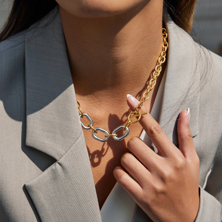 Collier chaîne étanche pour femme, en acier inoxydable, coloris or et argent mélangés (1 pièce), style Squircle 2