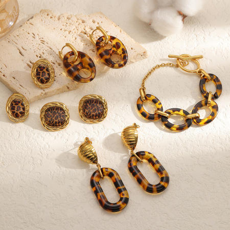 Boucles d'oreilles pendantes ovales en acier inoxydable doré, motif léopard, pour femme (1 paire).