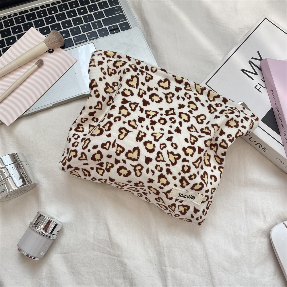 Trousse De Maquillage Femme En Velours Côtelé Imprimé Léopard Rétro 