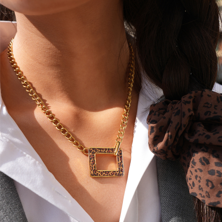 Collier pendentif rectangulaire rétro imprimé léopard en acier inoxydable couleur or (1 pièce) 2