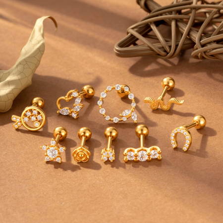 Magnifiques boucles d'oreilles piercing pour femme, motif serpent et papillon, couleur cuivre doré et zircon.