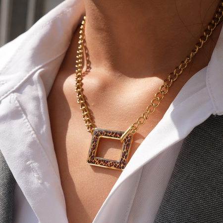 Collier pendentif rectangulaire rétro imprimé léopard en acier inoxydable couleur or (1 pièce)