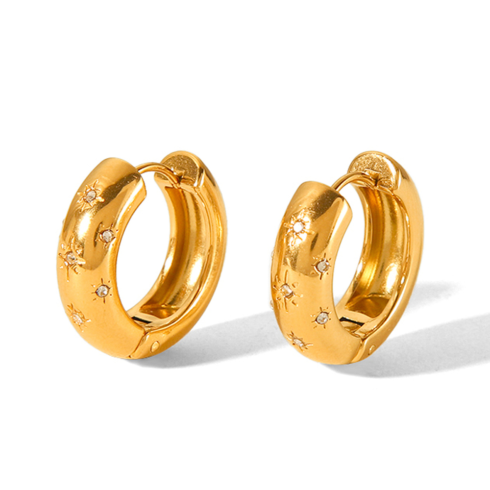 Boucles D'Oreilles Créoles En Acier Inoxydable Étanche, Couleur Or, Avec Zircon.