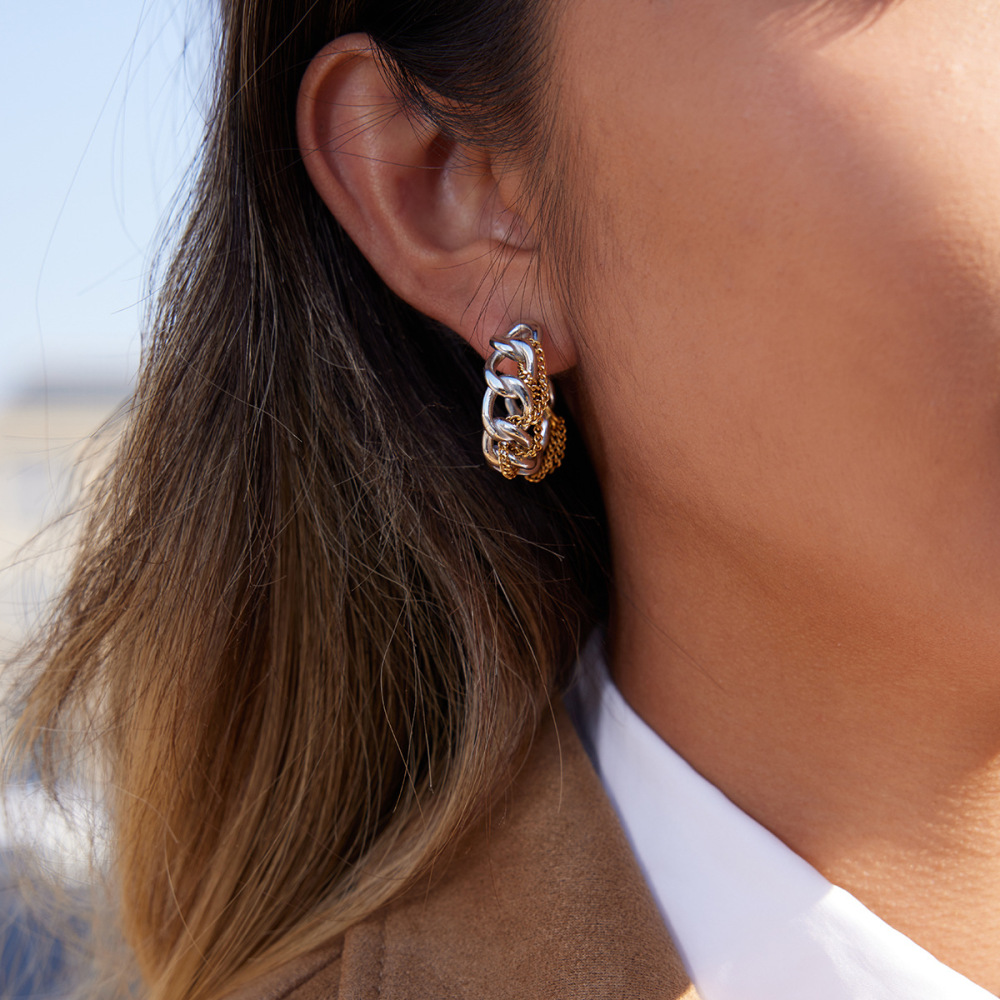 1 Paire De Boucles D'Oreilles Créoles Pour Femme, Style Daily Chain, En Acier Inoxydable Imperméable, Couleurs Or Et Argent. Image3