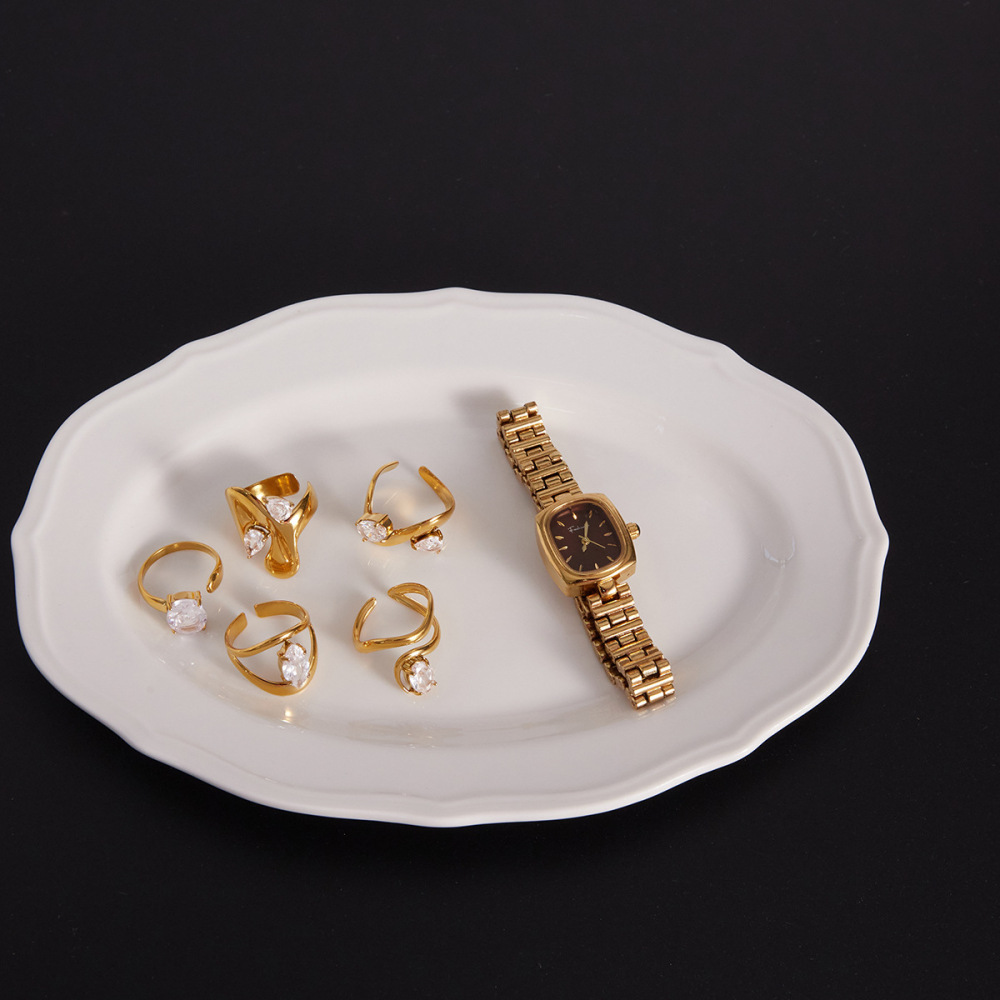 Bagues Asymétriques Pour Femmes En Acier Inoxydable, Imperméables Et Anti-Ternissement, Couleur Or, Serties De Zircon. h5Image6