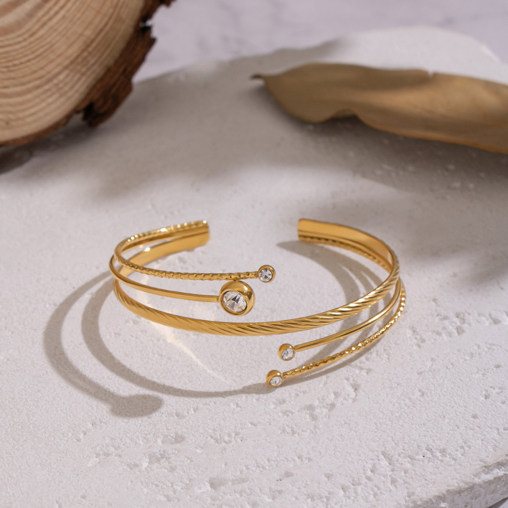 Bracelet Manchette 1 Pièce En Acier Inoxydable Étanche Couleur Or Avec Zircon h5Image3