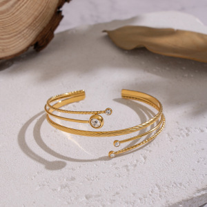 Bracelet Manchette 1 Pièce En Acier Inoxydable Étanche Couleur Or Avec Zircon h5 Image3