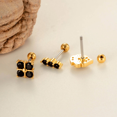 Boucles d'oreilles piercing pour femmes, en zircon noir, couleur cuivre doré, imperméables et anti-ternissement 2