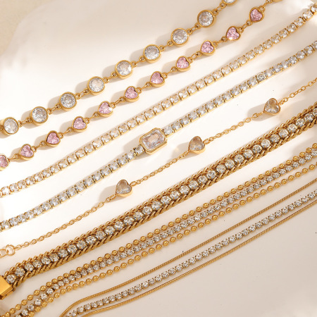 Bracelets à maillons pour femmes en acier inoxydable brillant, étanches, couleur or et strass