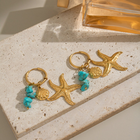 Boucles d'oreilles pendantes pour femme, motif coquillage et étoile de mer, en acier inoxydable étanche et pierre naturelle. 2