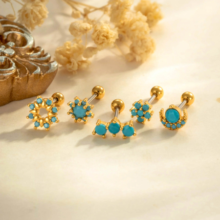 Boucles d'oreilles piercing pour femme, couleur cuivre doré, avec pierres précieuses artificielles bleues et motif floral