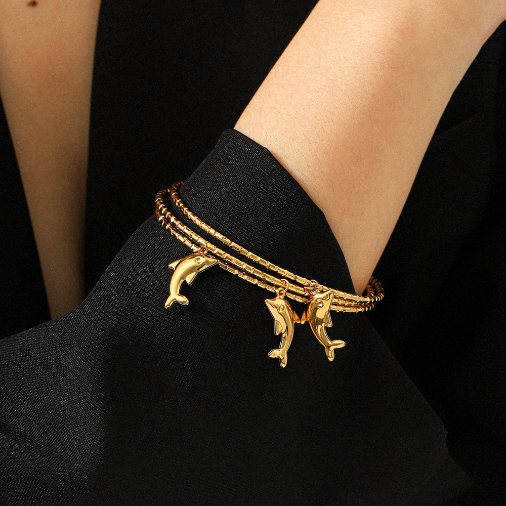 Bracelet Jonc Simple Pour Femme, Motif Tortue, Dauphin Et Étoile, En Acier Inoxydable, Couleur Or, À Porter Au Quotidien (1 Pièce) Image4