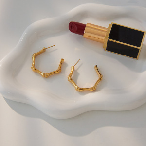 Boucles D'Oreilles Créoles Classiques En Acier Inoxydable Doré, Joint En Bambou, Étanches h5 Image5