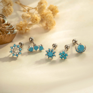 Boucles D'Oreilles Piercing Pour Femme, Couleur Cuivre Doré, Avec Pierres Précieuses Artificielles Bleues Et Motif Floral h5 Image3