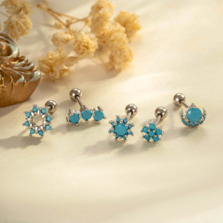 Boucles d'oreilles piercing pour femme, couleur cuivre doré, avec pierres précieuses artificielles bleues et motif floral 2