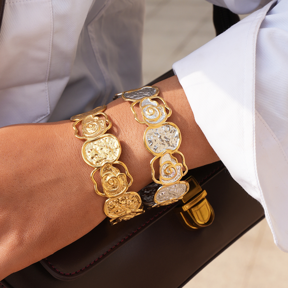 Bracelets Pour Femmes En Acier Inoxydable Imperméables, Résistants À La Décoloration Et Au Motif Floral Simple Du Quotidien Image5
