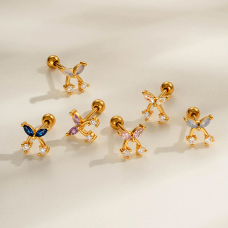 Boucles d'oreilles piercing pour femme, motif nœud papillon, couleur cuivre doré, zircon, étanches et anti-ternissement