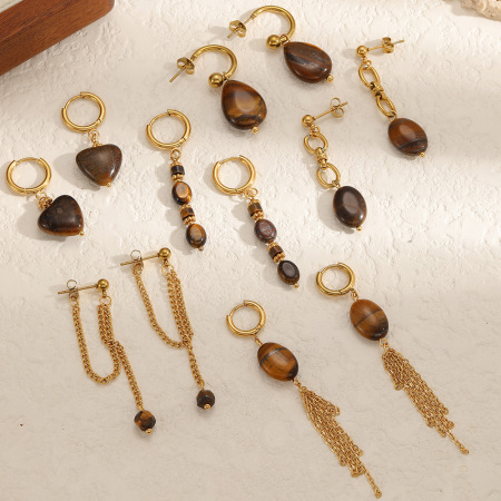Boucles d'oreilles chics pour femmes, en acier inoxydable, couleur or, avec pompon en pierre naturelle et perles, étanches.