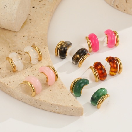 1 paire de boucles d'oreilles puces rétro en résine hypoallergénique couleur or 2