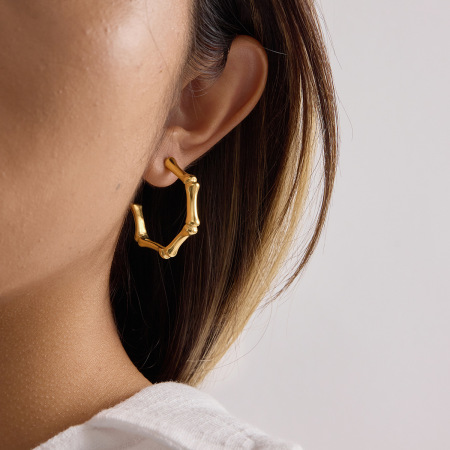 Boucles d'oreilles créoles classiques en acier inoxydable doré, joint en bambou, étanches 2