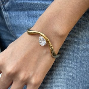 Bracelet Manchette Élégant Et Incurvé En Acier Inoxydable, Étanche, Couleur Or, Avec Zircon, Pour Femme (1 Pièce). h5 Image4