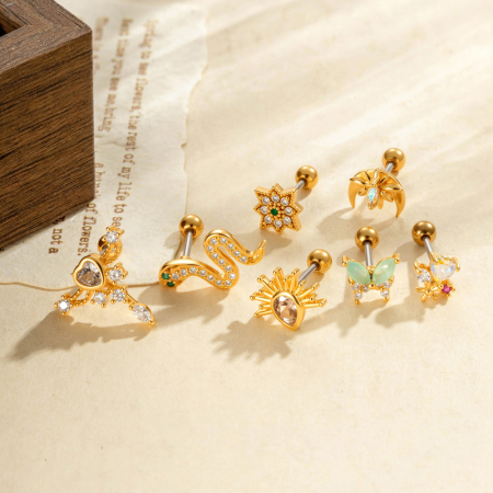 Boucles d'oreilles piercing pour femme, motif serpent orné, couleur cuivre doré, imperméables et anti-ternissement, serties de zircon.