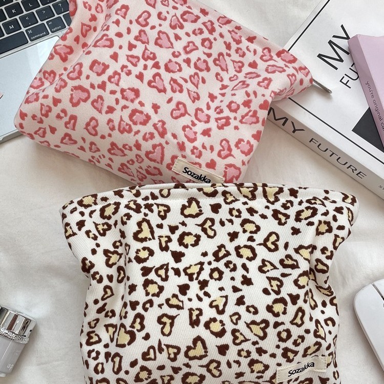 Trousse De Maquillage Femme En Velours Côtelé Imprimé Léopard Rétro Image2