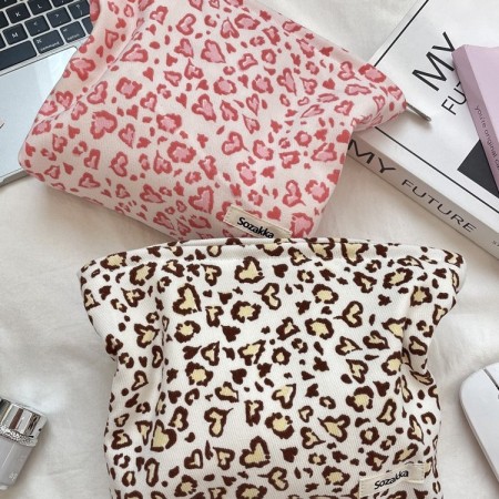 Trousse de maquillage femme en velours côtelé imprimé léopard rétro 2