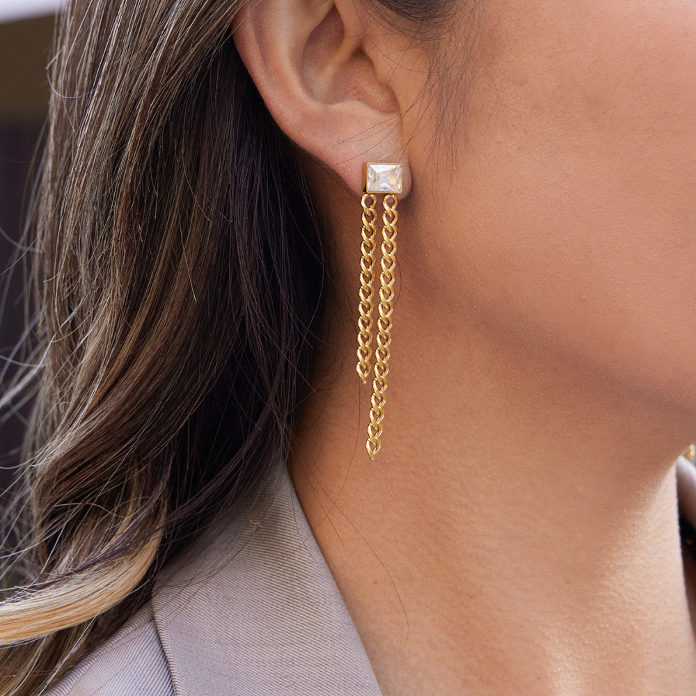 Boucles D'Oreilles Pendantes Pour Femme, Luxueuses, En Acier Inoxydable Doré, Imperméables Et Anti-Ternissement, Ornées De Pompons En Zircon. Image5