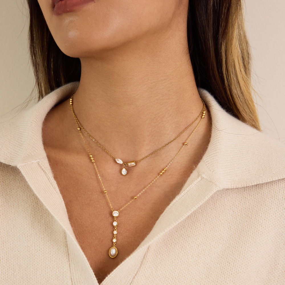Colliers Pendentifs Pour Femmes En Acier Inoxydable, Étanches, Couleur Or Et Zircon, En Forme De Goutte Image3