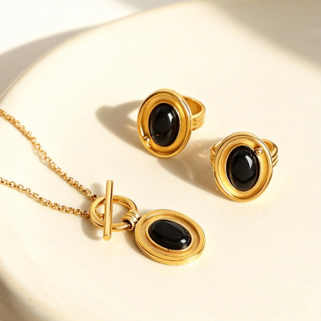 Collier pendentif vintage ovale en agate noire, acier inoxydable étanche, couleur or, pour femme (1 pièce) 2