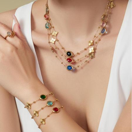 Collier pendentif femme en verre rond coloré, acier inoxydable étanche, couleur or (1 pièce)